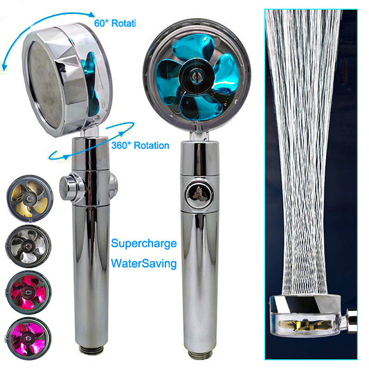 Chrome handheld shower heads with 360° and 60° rotation, visible fan blades, and water-saving streams