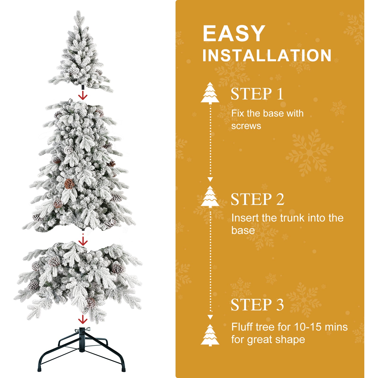 Step-by-step assembly of flocked artificial Christmas tree with pine cones and metal stand