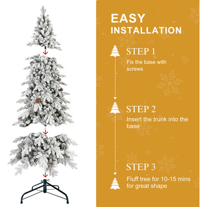 Step-by-step assembly of flocked artificial Christmas tree with pine cones and metal stand