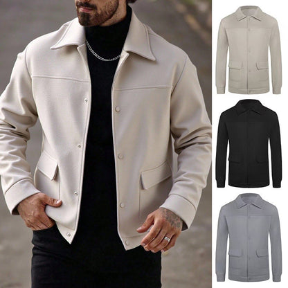 Men's casual button-up jackets in beige, black, and gray, styled with pockets and collars