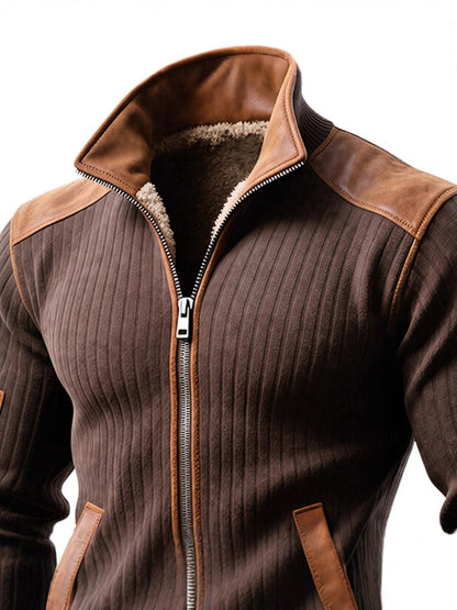 Brown ribbed zip-up jacket with tan leather shoulder accents and fleece lining