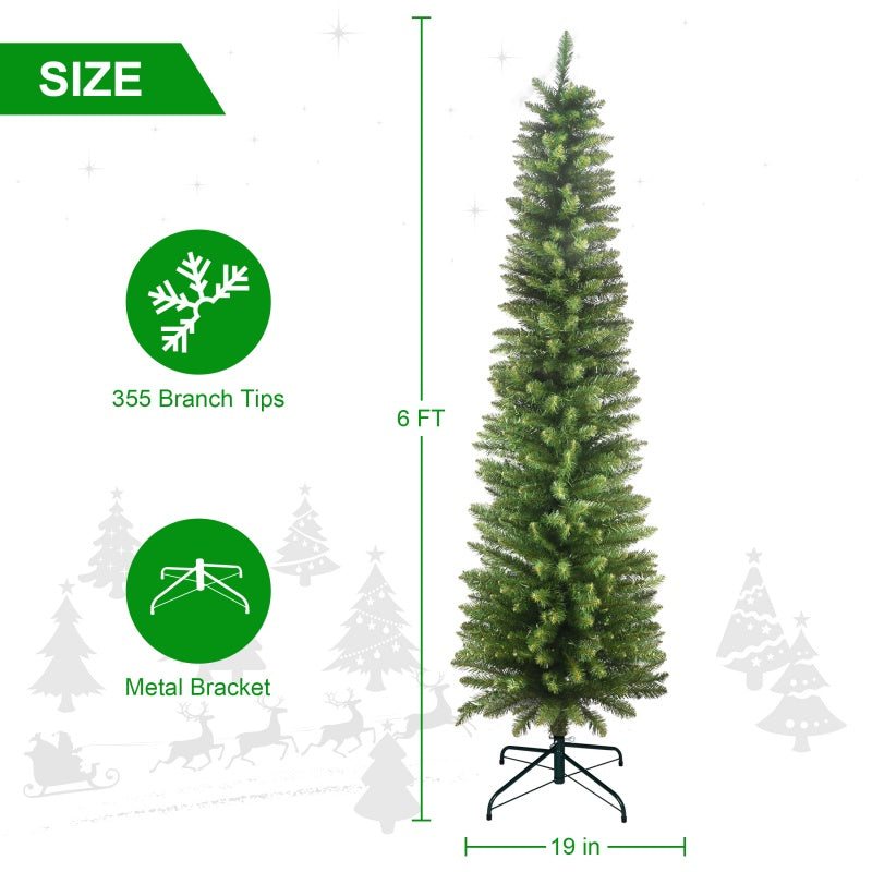 6-foot slim artificial Christmas tree with 355 branch tips and metal bracket stand