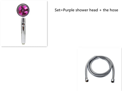 Set of purple shower head with metallic handle and flexible silver hose for bathroom