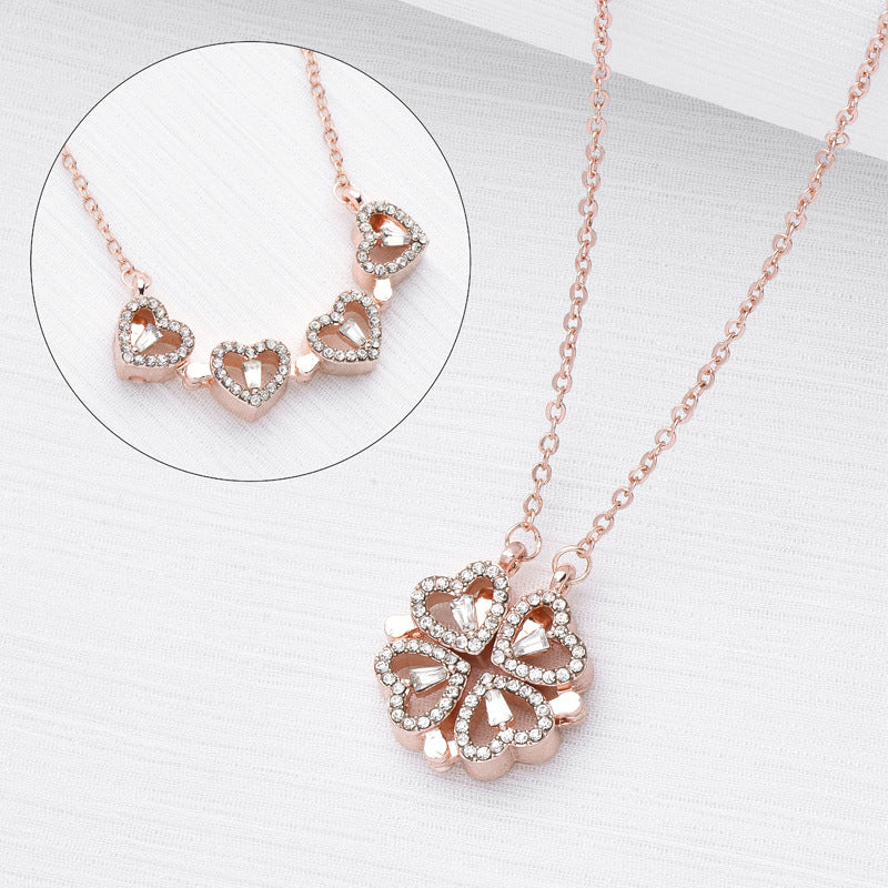 Four Leaf Clover Necklace – Retro Magnetic Folding Heart Shaped Pendant Jewelry