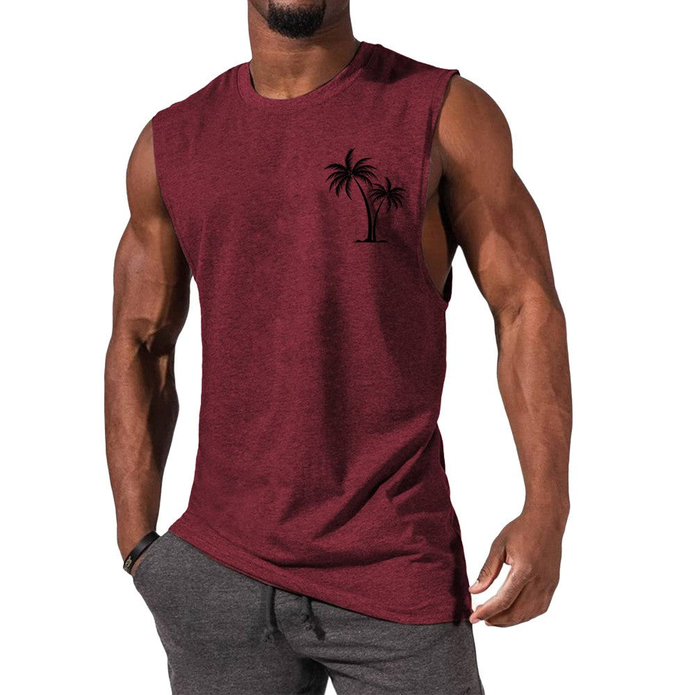 Men's Workout Tank Top - Summer Fitness Vest With Coconut Tree Embroidery