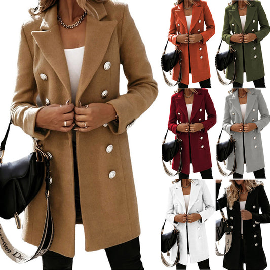 Women Woolen Coat - Double Breasted Turndown Collar Jacket For Autumn Winter