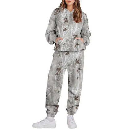 Camouflage Sports Set - Women's Loose Fit Tracksuit With Hooded Sweatshirt & Pants
