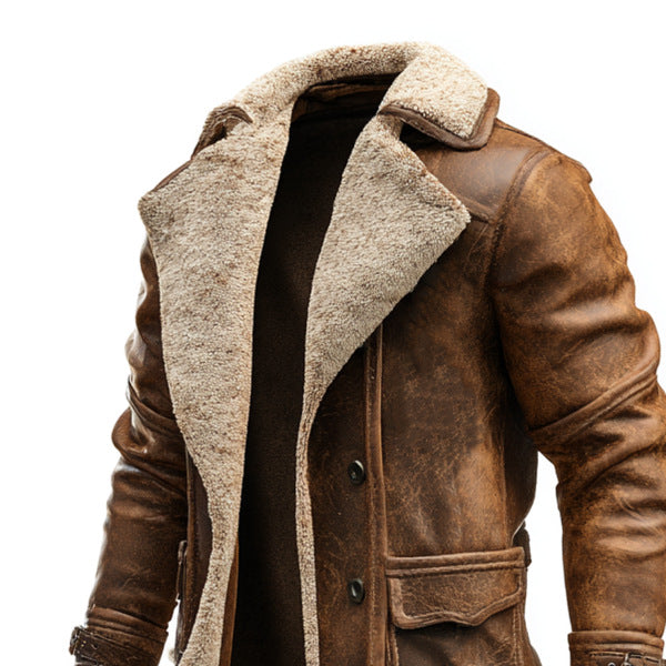 Brown vintage leather jacket with beige shearling collar and lapel, rugged worn texture