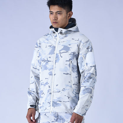 Man wearing white and grey camouflage hooded jacket with zipper and pockets