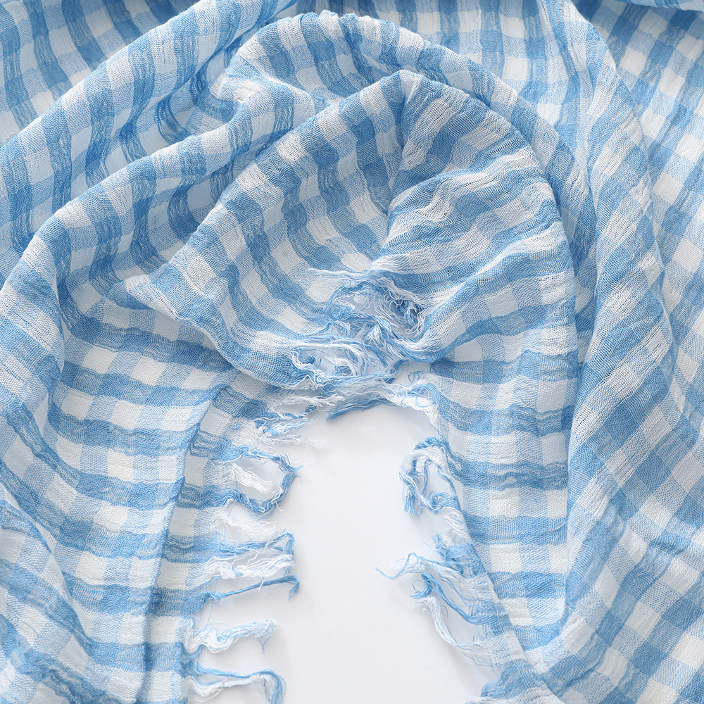 Plaid Cotton Scarf - Thin Lightweight Mid-Length Scarf for Men Women