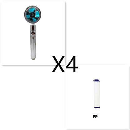 Portable handheld stainless steel water spray with blue fan and set of four white cylindrical filter cartridges