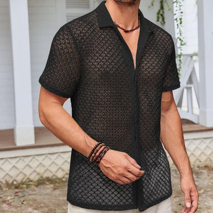Summer Mesh Shirt - Men's Beachwear Short Sleeve Top With Lapel Collar