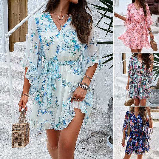 Summer Floral Dress | Lightweight Polyester Lace Up Dress With Ruffle Hem