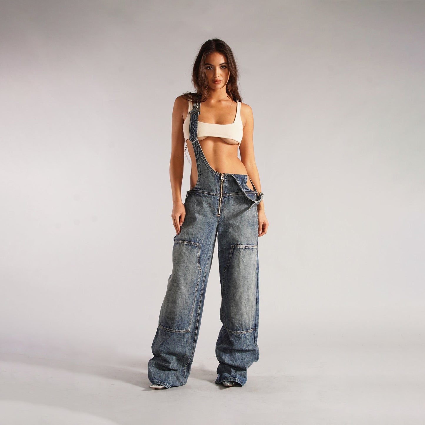 Denim Overalls With Zipper Pockets – Loose Suspender Jumpsuit, Wide Leg Pants