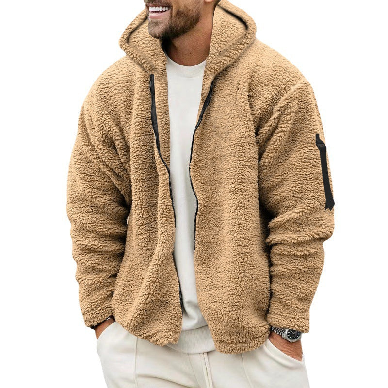 Man wearing beige sherpa fleece zip-up hoodie jacket with hood and side zipper pocket