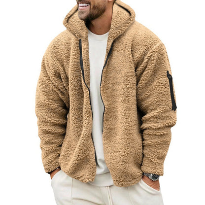Man wearing beige sherpa fleece zip-up hoodie jacket with hood and side zipper pocket