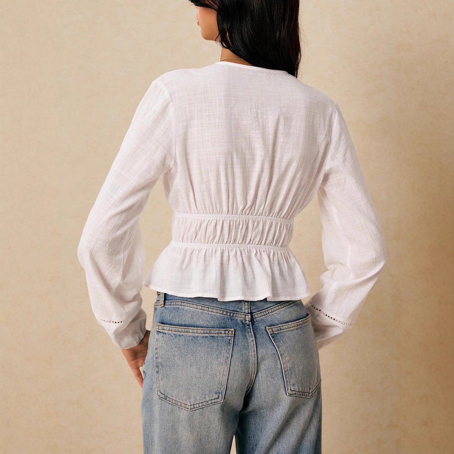 Bohemian Ruffle Blouse - Women's Long Sleeve White Polyester Shirt