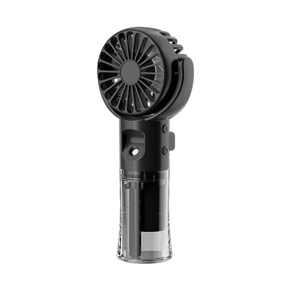 Black handheld mini fan with clear water tank and adjustable fan blades on white background