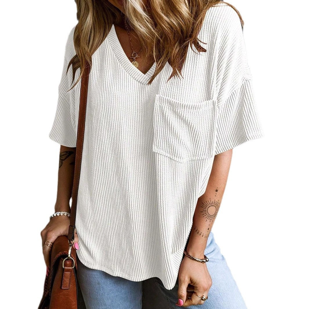 Two-Tone Pullover Top - Women's Summer V-Neck Blouse With Pocket