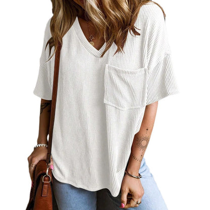 Two-Tone Pullover Top - Women's Summer V-Neck Blouse With Pocket