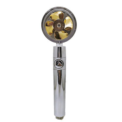 Modern handheld shower head with shiny chrome finish and four golden fan-style nozzles