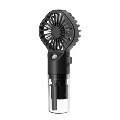 Black handheld portable misting fan with transparent water tank and control buttons