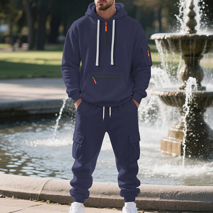 Men's Sports Hoodie Set - Polyester Fiber Two-Piece Tracksuit with Multi-Pocket Zipper Jacket