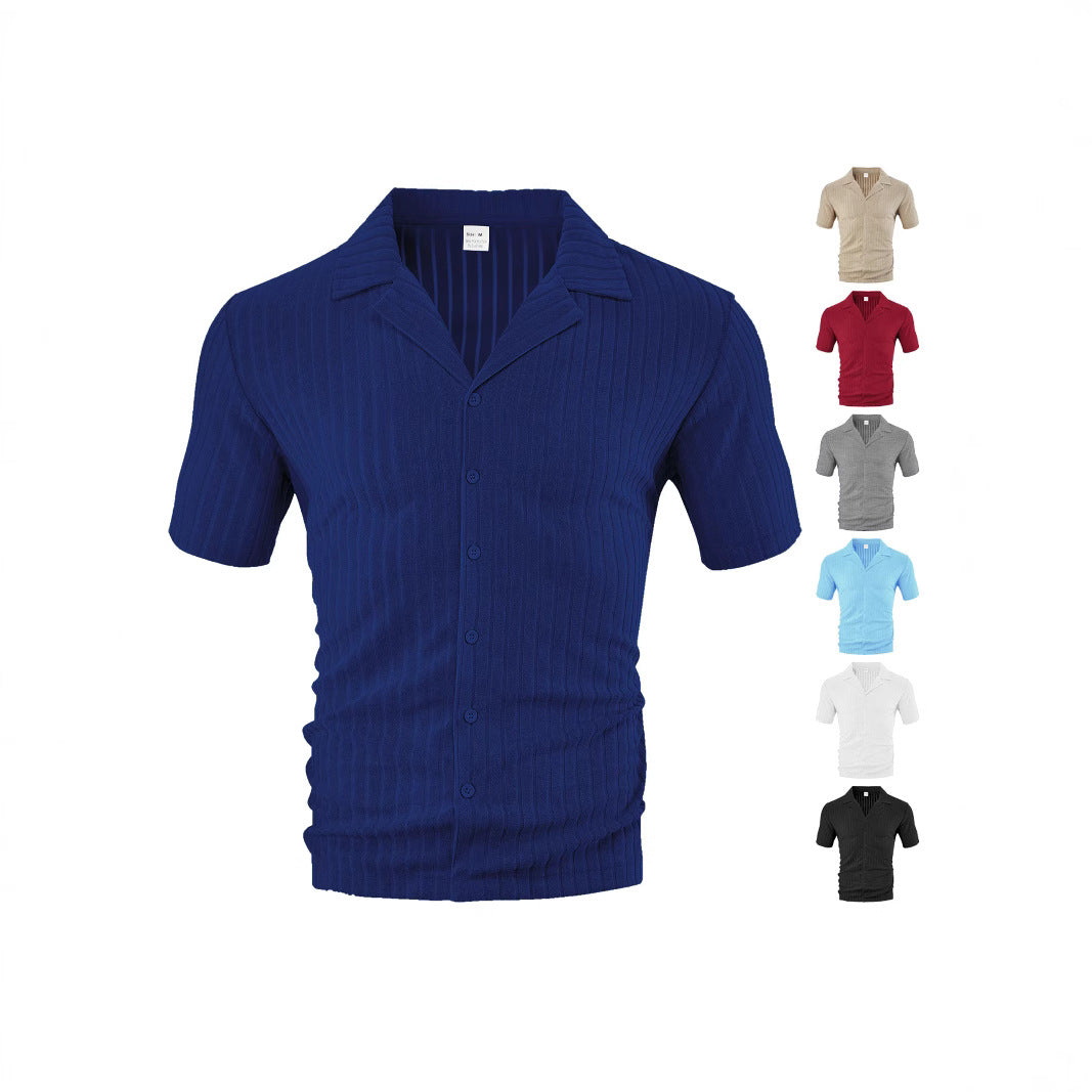 Men's short sleeve ribbed knit button-up shirt in navy and other colors on white background