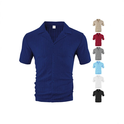 Men's short sleeve ribbed knit button-up shirt in navy and other colors on white background