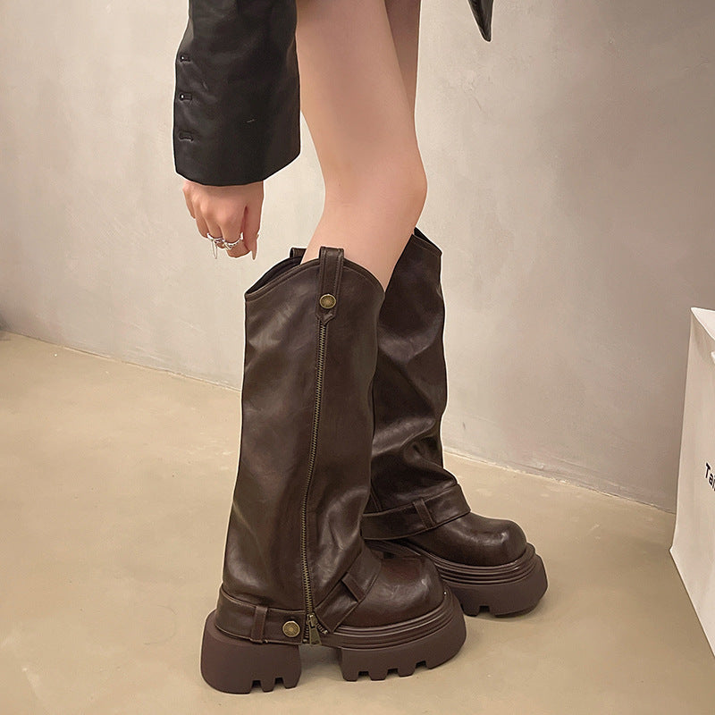 Below Knee Boots | Women's Black Leather Thick Sole Footwear With Rubber Sole