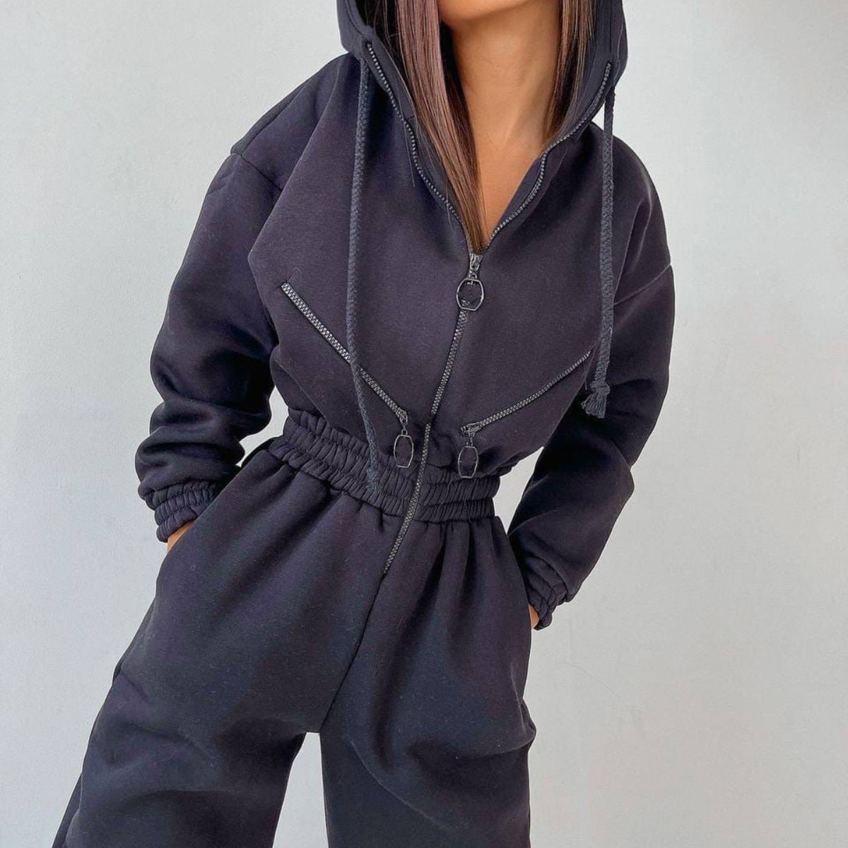 Women's Casual Hoodie Set - Two Piece Outfit With Zipper & Drawstring