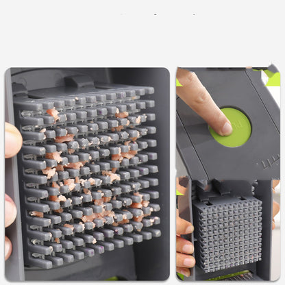 Close-up of a gray vegetable chopper with push button, grid blades with food residue inside