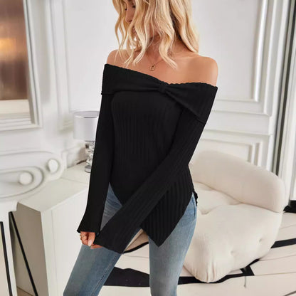 One Shoulder Sweater - Trendy Ribbed Knit Top With Bow Tie And Slim Fit