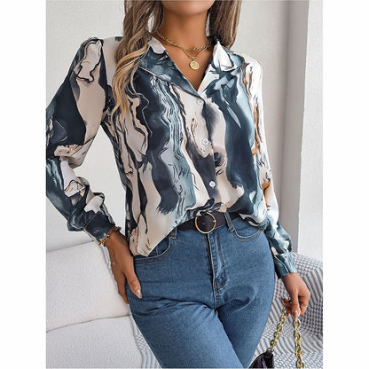 Printed Button Down Shirt - Women's Fall Tops With V Neck & Long Sleeves