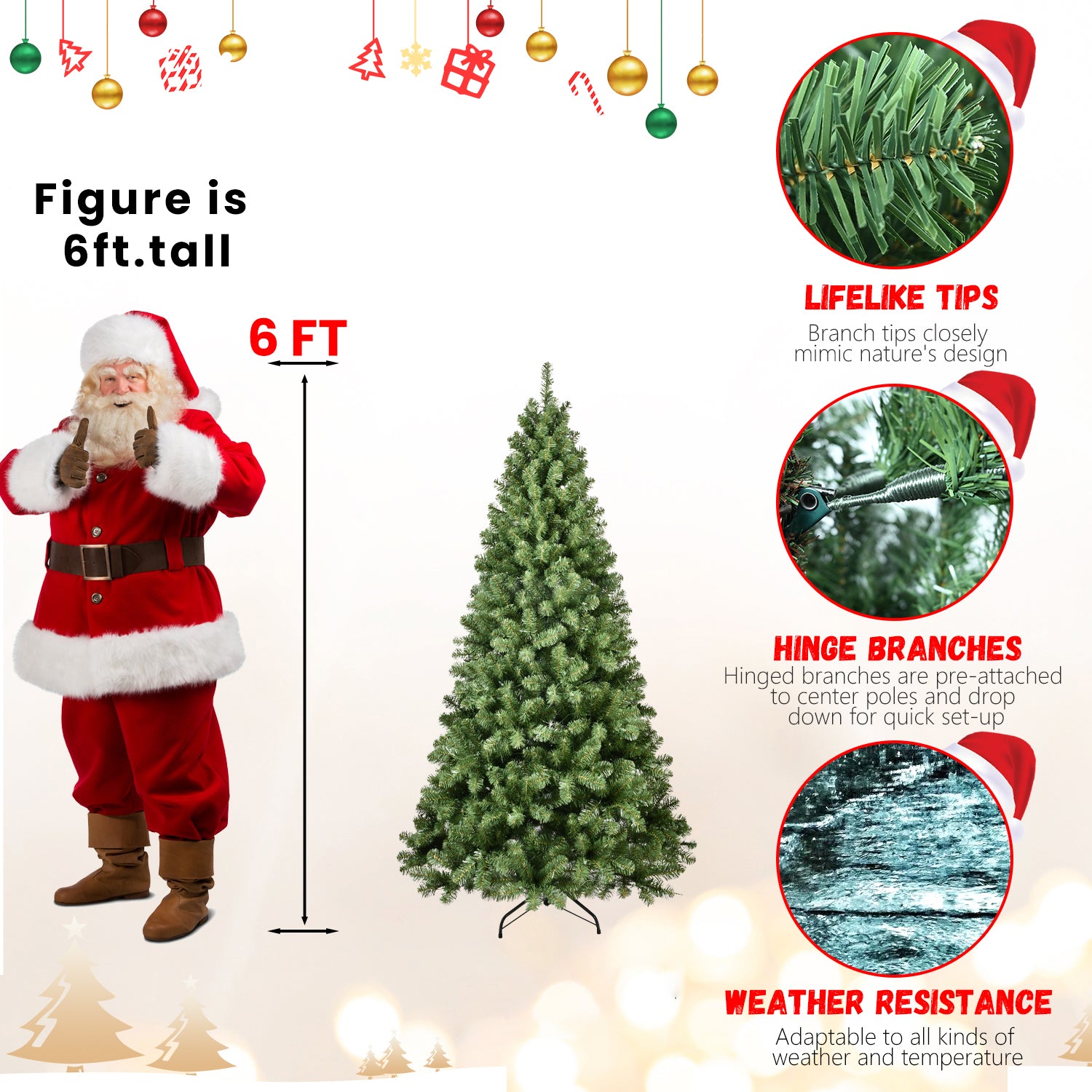 6ft artificial Christmas tree with lifelike tips, hinged branches, and weather resistance features