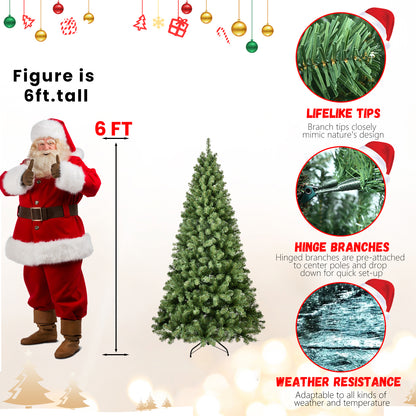 6ft artificial Christmas tree with lifelike tips, hinged branches, and weather resistance features