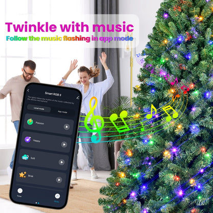 Couple dancing with smart RGB Christmas tree lights syncing and flashing to music via app control
