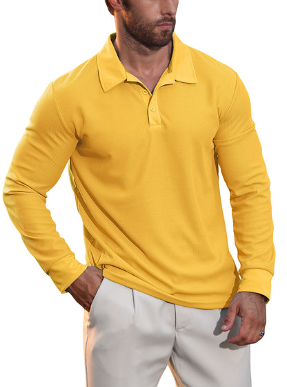 Man wearing a textured yellow long-sleeve polo shirt paired with light beige pants