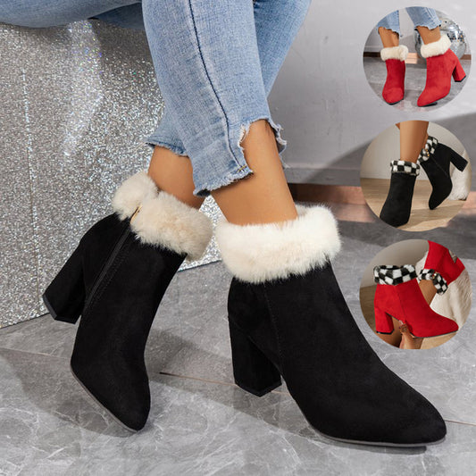 Plaid Ankle Boots – Women Suede Square Heel Winter Shoes With Side Zipper