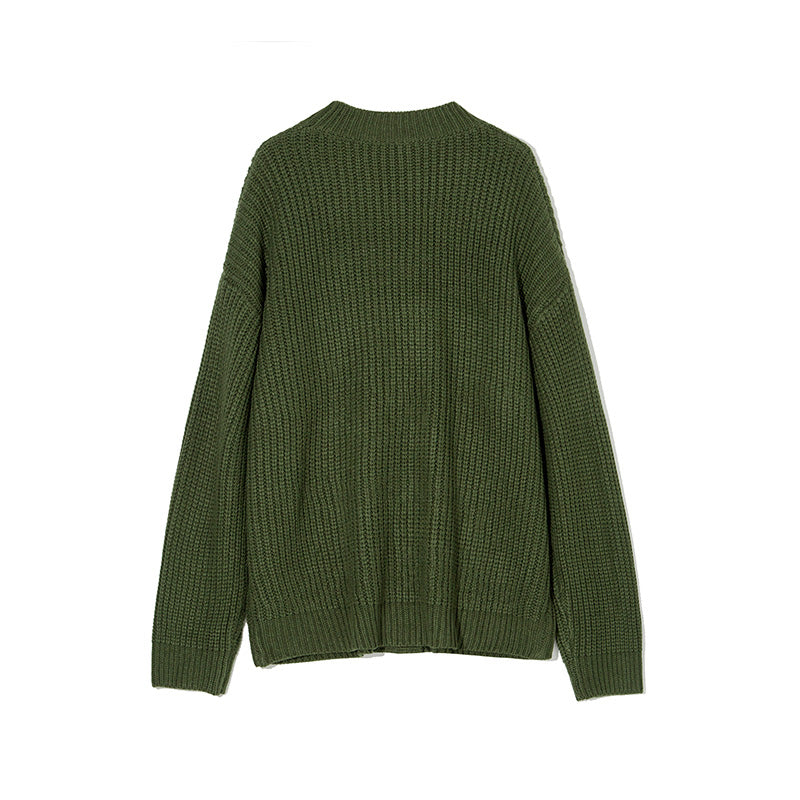 olive green knit sweater with ribbed cuffs and hem, displayed flat on white background