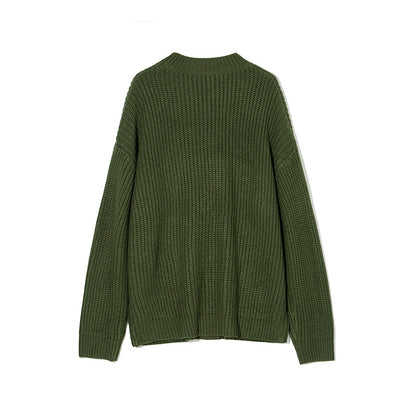 olive green knit sweater with ribbed cuffs and hem, displayed flat on white background