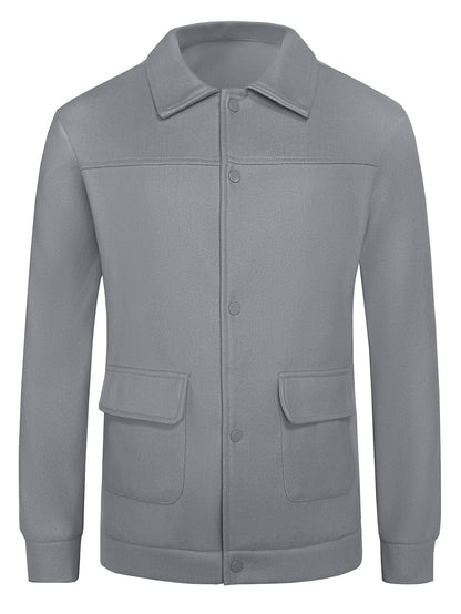 Gray men's fleece jacket with snap buttons and front flap pockets on white background