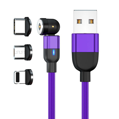 Purple braided magnetic charging cable with USB-A connector and three interchangeable magnetic tips
