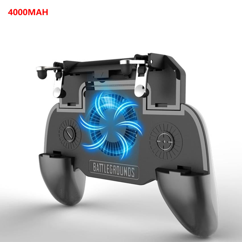 Black mobile game controller with cooling fan and 'BATTLEGROUNDS' label, featuring 4000mAh battery