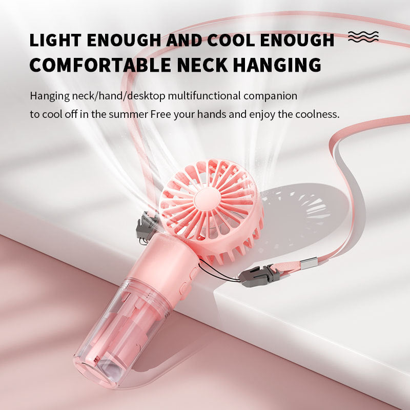 Pink handheld portable neck-hanging fan with lanyard cooling on white surface