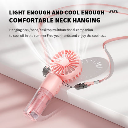 Pink handheld portable neck-hanging fan with lanyard cooling on white surface