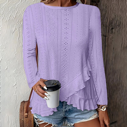 Women Eyelet Tops - Long Sleeve Blouse With Ruffle Hem | Lightweight Summer Workwear