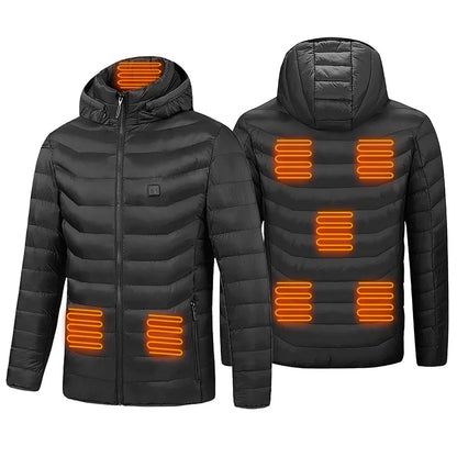 Black heated jacket with glowing heating elements shown on front and back sides