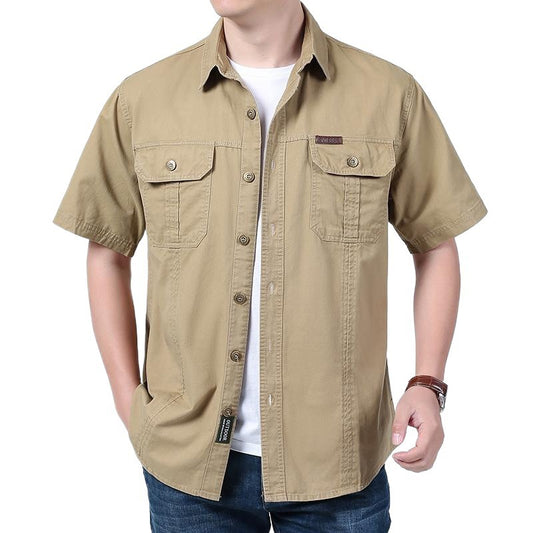 Men's casual short sleeve beige button-up shirt with chest pockets and white undershirt