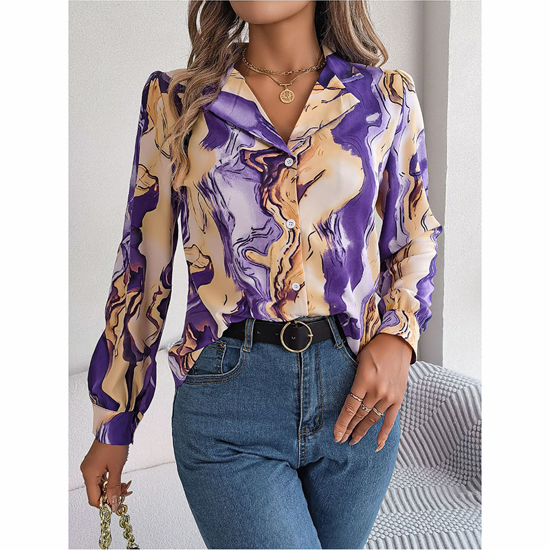 Printed Button Down Shirt - Women's Fall Tops With V Neck & Long Sleeves